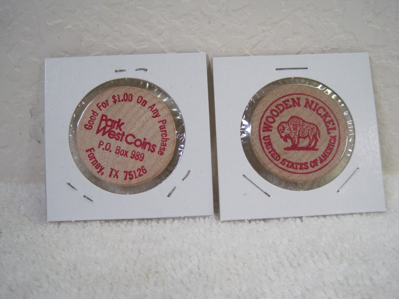 Vintage Wooden Nickel Buffalo and Park West Coins Advertisement Lot of 2