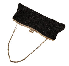 Black Elegant Pretty Beaded Small Satin Evening Purse Bag Silver Chain Handle