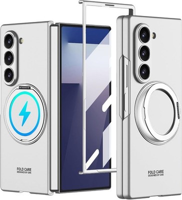Silver Case for Samsung Galaxy Z Fold 7 with Rotating Ring Holder & Screen Prote