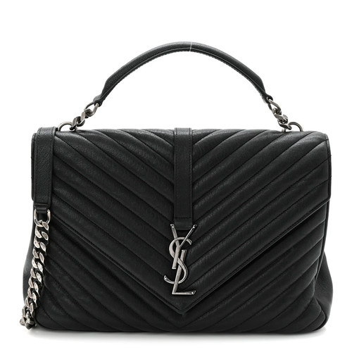 Saint Laurent YSL Black Matelasse Chevron Monogram College Satchel Shoulder Bag