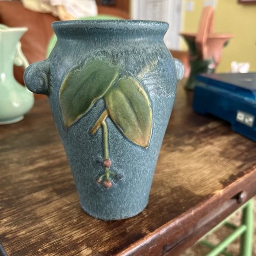 HTF Blue Weller Cornish Art 6”Pottery Art Deco Style Vase Excellent Example Zz