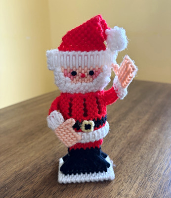 Handmade Vintage Plastic Canvas Yarn Santa Claus Christmas Figurine 7 in. tall
