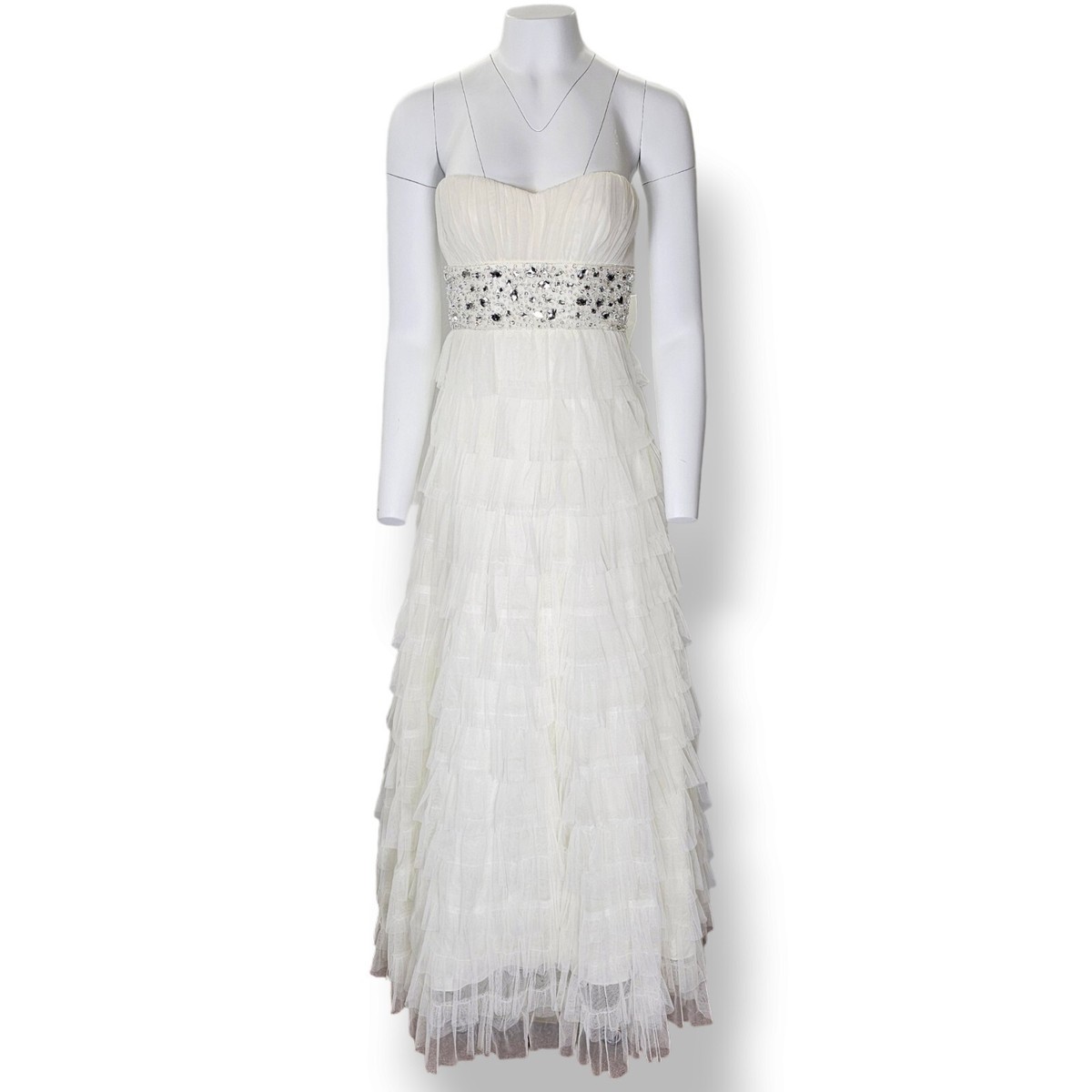 B. Darlin Dress Prom Formal Strapless Ivory Tiered Tulle Rhinestone Size 5/6