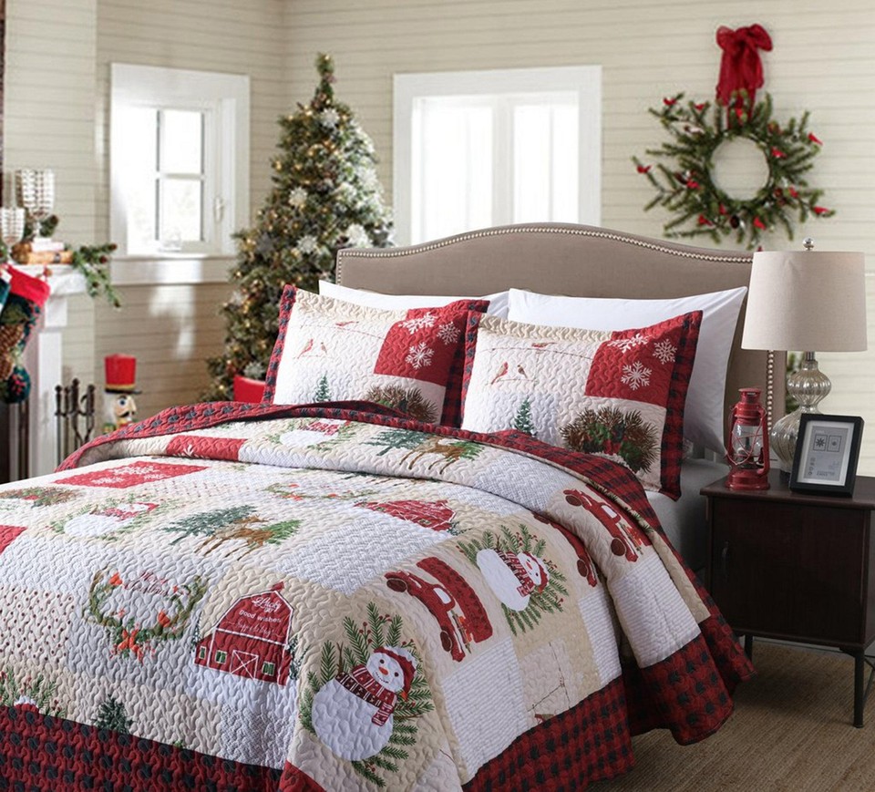 3 Piece Warm Christmas Snowman Reversible Quilt Set with Pillow Shams ...