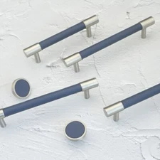 MFYS Navy Blue Leather & Brushed Nickel Cabinet Handle Wardrobe Pull Drawer Pull