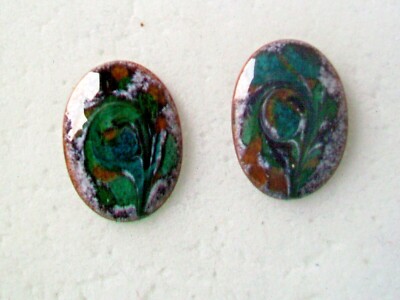  Enamel on Copper SMALL  OVAL  POST EARRINGS- GREEN/BROWN  COLOR ENAMEL