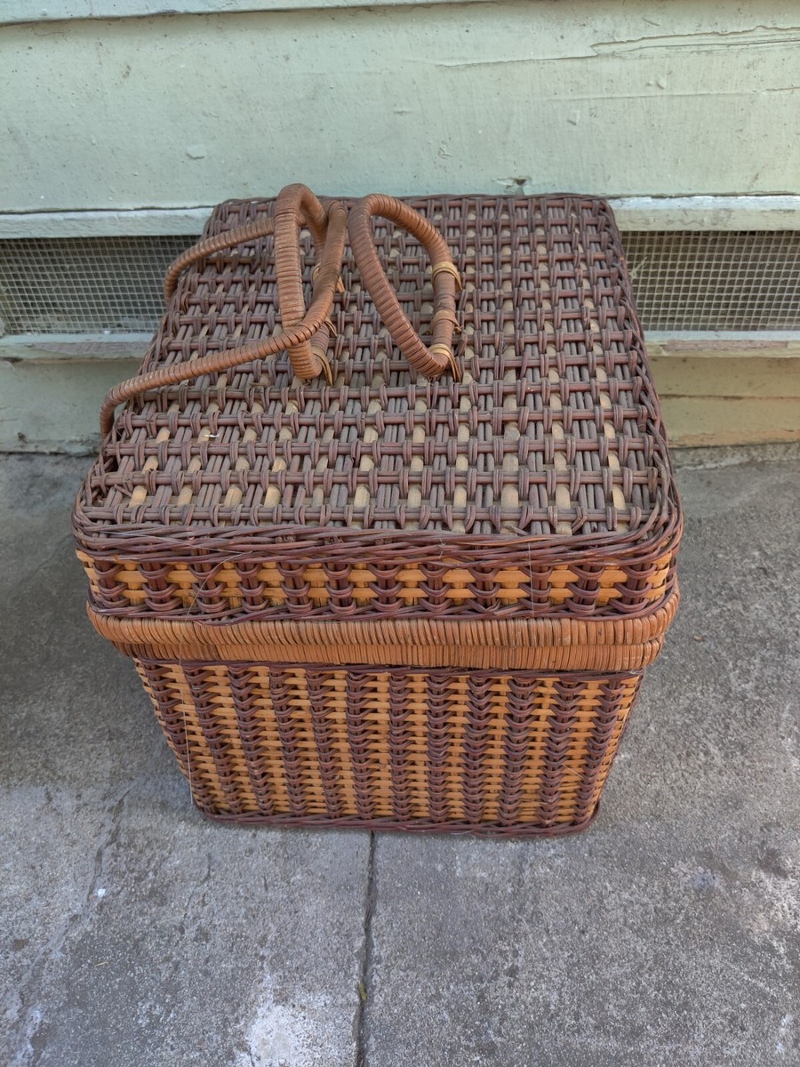 Large Vintage Woven Square Wicker Picnic Storage Basket With Lid