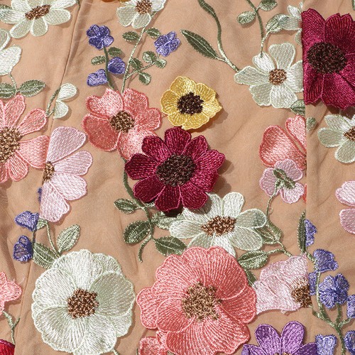 Frühling Damen eleganter 3D Blumen Rock Rundhalsausschnitt Langarm Blumenstickerei Rock - Bild 11 von 13