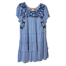 J. Marie Womens Blue Floral Embroidered Tiered Fit  Flare Dress Size Medium
