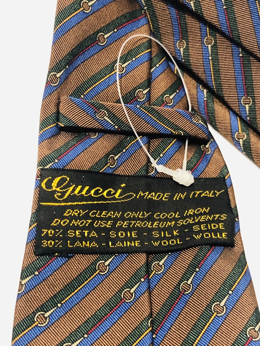 【新品】VINTAGE GUCCI TIE brown/Blue Stripe Vintage GUCCI GG Brown Blue Green 100% Silk Equestrian