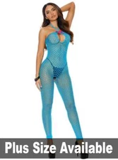 Neon Electric Blue Crochet Fishnet Footless Bodystocking w/ Open Crotch