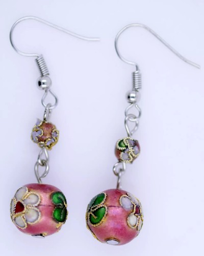 Pink cloisonne enamel ball chandelier earrings - Picture 2 of 2