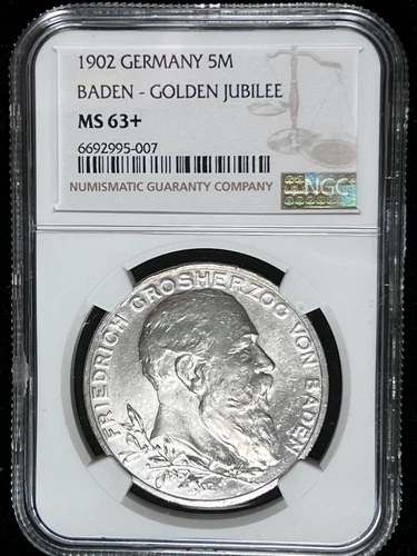 Germany Baden 1902 5 Marks *NGC MS-63+* Grand Duke Frederick I 50th Year Issue