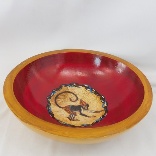 Signed Bowl Paul Munro Monkey Decoupage On Wood 8" Carousel Series Mod Folk Art - Picture 3 of 11
