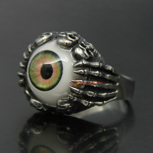 Men's Stainless Steel Gothic Skull Skeleton Claw Hand Evil Devil Eye Biker Ring - Picture 19 of 25