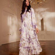 Women's Slimming Temperament Floral Cake Long Skirt Crew Neck Printed Long Dress