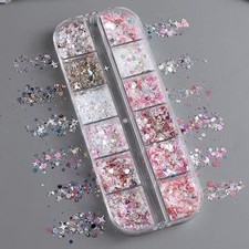 12 Grids Glitter Nail Sequins Holographic Mermaid Multi Color Hexagon Heart