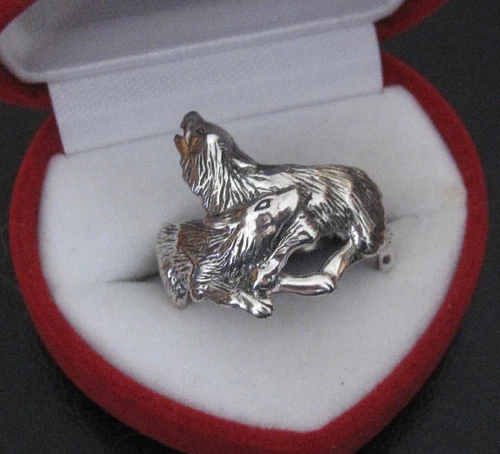 WOLF PAIR RING - 2 WOLVES cleverly ENTWINED AS A RING .925 SILVER by Peter Stone