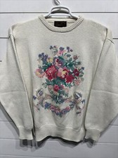 VTG Eddie Bauer Womens Floral Artist Hand Knit Chunky Heavy Cotton Sweater Large