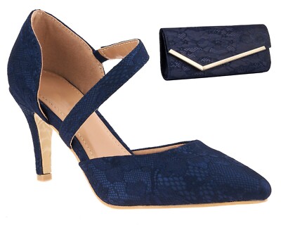 DAMEN SPITZE MITTELHOHER ABSATZ SPITZ ZULAUFEND RIEMCHENSCHUHE & PASSENDE SPITZE CLUTCH TASCHE