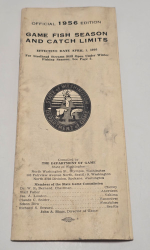 1956 Washington State Game Fishing Season And Catch Limit Pamphlet Booklet