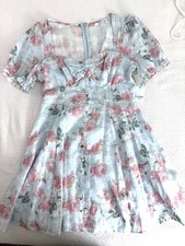GUESS Womens L Blue Floral Fit Flare Dress Puff Sleeve Cottagecore NWT