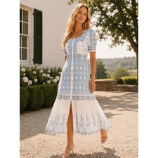 LoveShackFancy Helena Midi Dress Size 0 Blue White Eyelet Embroidered