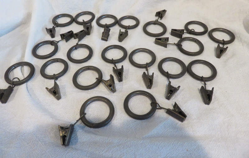 19 Antique? Vintage Black Metal Curtain Rod Rings with Clips