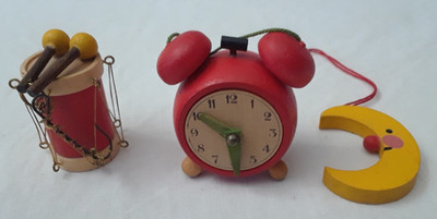 Lot 3 Vintage Wooden Christmas Tree Ornaments Clock - Drum - Moon