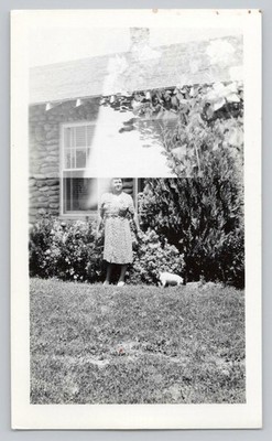 1940s Snapshot Woman & Dog Front Garden Double Exposure Huge Roses Vintage Photo