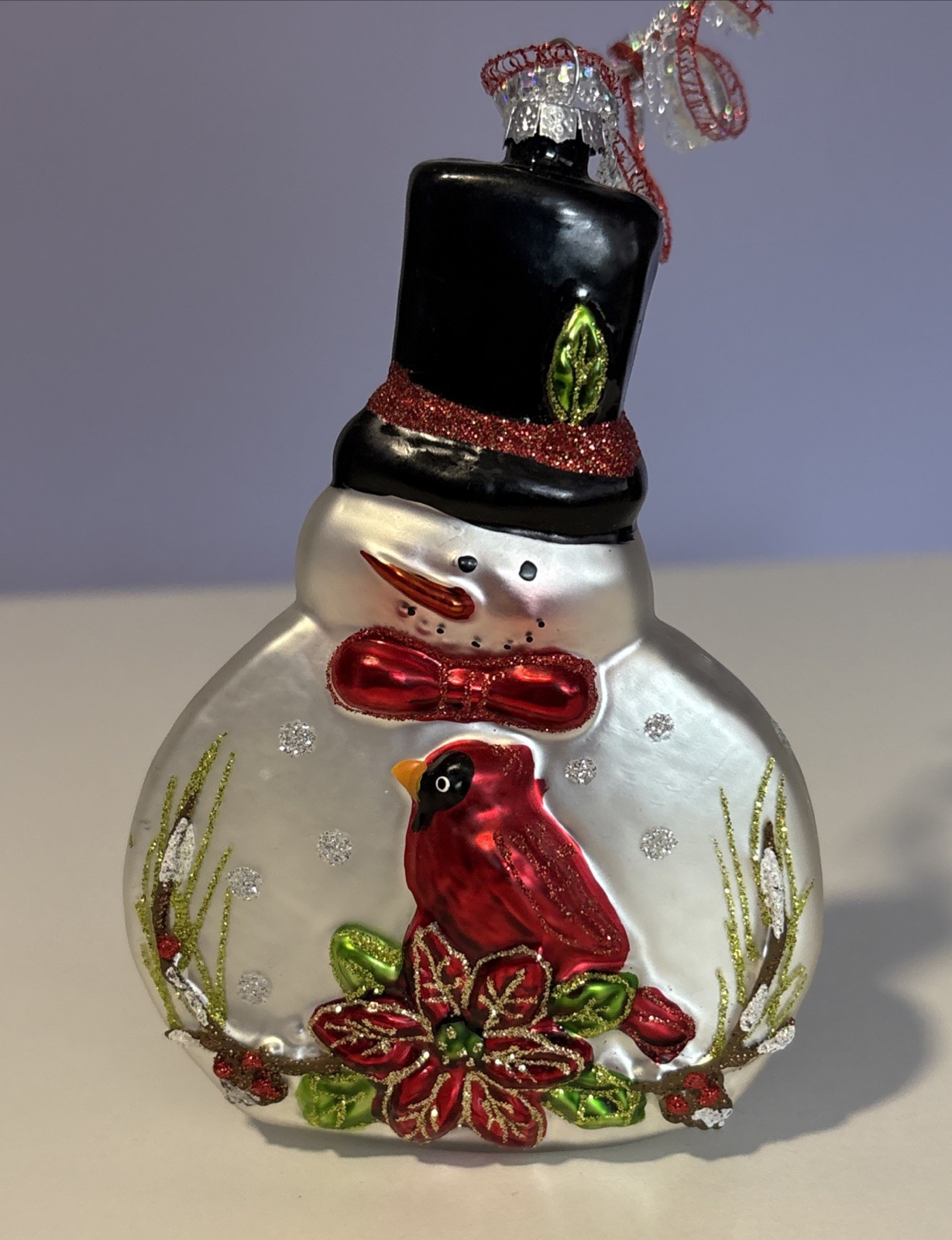 Vintage Snowman Glass Glitter Christmas Ornament Red Cardinal Top Hat 5