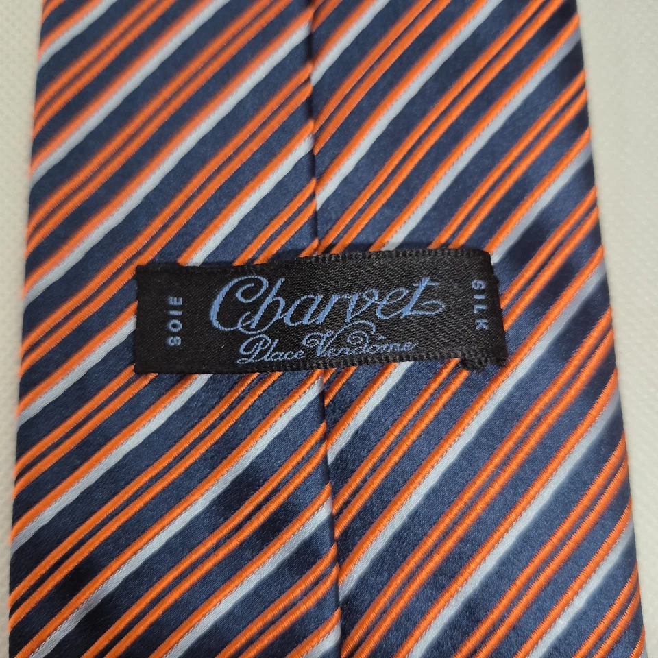 CHARVET Place Vendome Silk Tie Striped Orange Navy Gray Luxury Designer France - Imagem 2 de 3