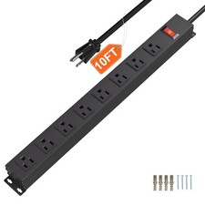 8 Outlet Metal Power Strip 10 Ft Cord Workshop Heavy Duty Wide Spaced Black