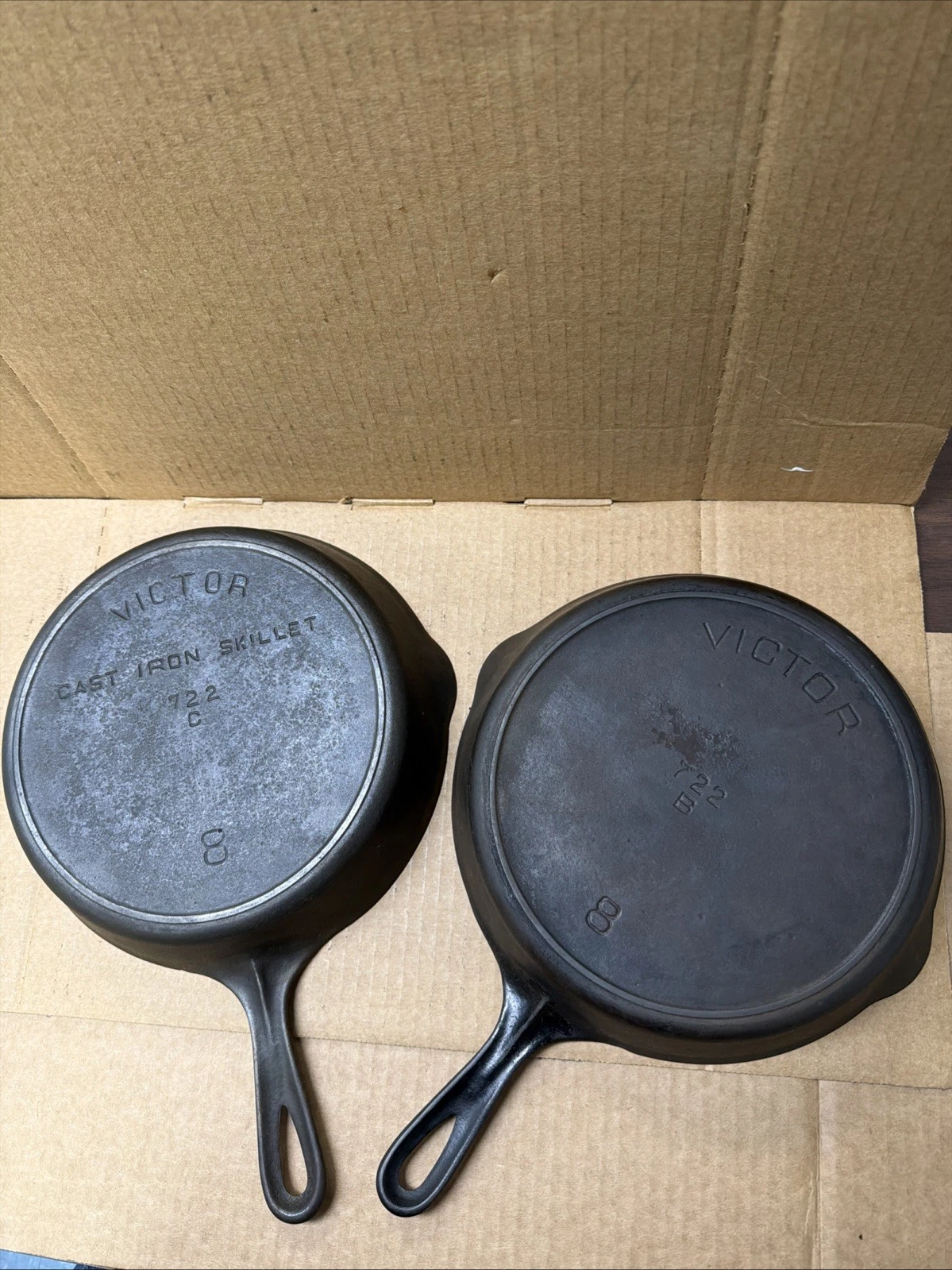 2- #8 Victor Cast Iron Skillets, 722B & 722C Flat Bottoms Crack Free