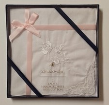 Vtg Brooks Brothers x2 Ladies Handkerchiefs 100 Cotton Rose Embroidery White