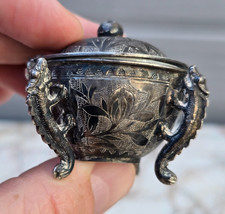 Chinese Antique Silver Condiment pot Porcelain Liner Dragon feet QING C19th