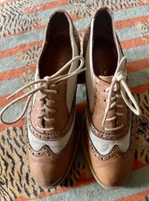 Office Vintage tan cream leather  Correspondent  Brogue Lace ups Block Heel 5