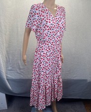 Talbots Midi Dress 12 Faux Wrap Floral Red Tulip Cottagecore Boho V-Neck Chiffon
