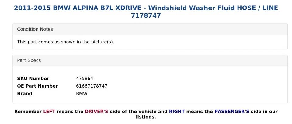 2011-2015 BMW ALPINA B7L XDRIVE - Windshield Washer Fluid HOSE / LINE 7178747 - Image 4 of 4