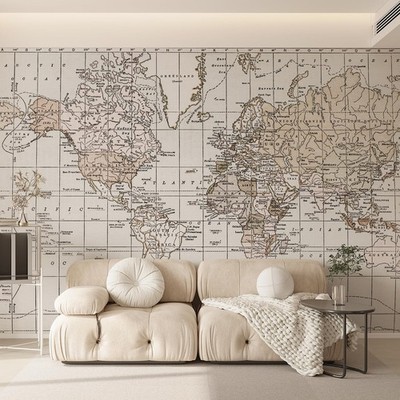 Beige Vintage World Map Wall Mural Peel and Stick Giant World Map Wallpaper M...