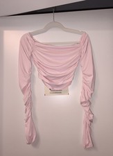 Rosa gerafftes Crop Top Langarmshirt Damen