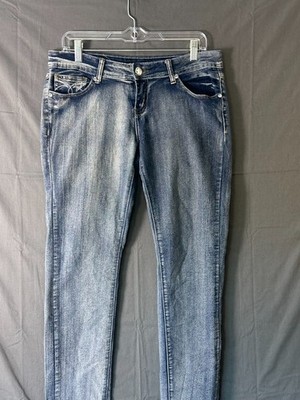 Diamante Blue Bling Jeans - Size 11 - Rhinestone Button Contrast Stitch Skinny