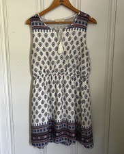 Olive & Oak Sleeveless Dress Medium Blue White Boho Print Tassel Neckline