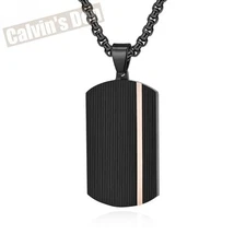 Matte Black Fine Stripes Textured Stainless Steel Dog Tag Pendant Necklace Sleek