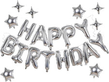 Silver Happy Birthday Balloons Banner 16 Inch Mylar Foil Letters, 10 Inch Five
