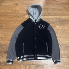 True Religion Varsity Jacket Hoodie Black Grey Snap Button Streetwear Size M
