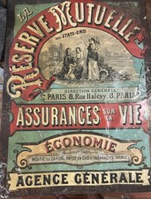 Plaque Tôle Emboutie ASSURANCE "La Réserve Mutuelle des États-Unis" Paris c 1900