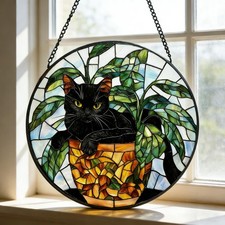 Black Cat Stained Glass Suncatcher, Botanical Cat Glass Decor, Round Cat decor