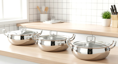 Edelstahl dreifach flach Kasserolle Pfanne Saute, Biryani Pfanne Glasdeckel