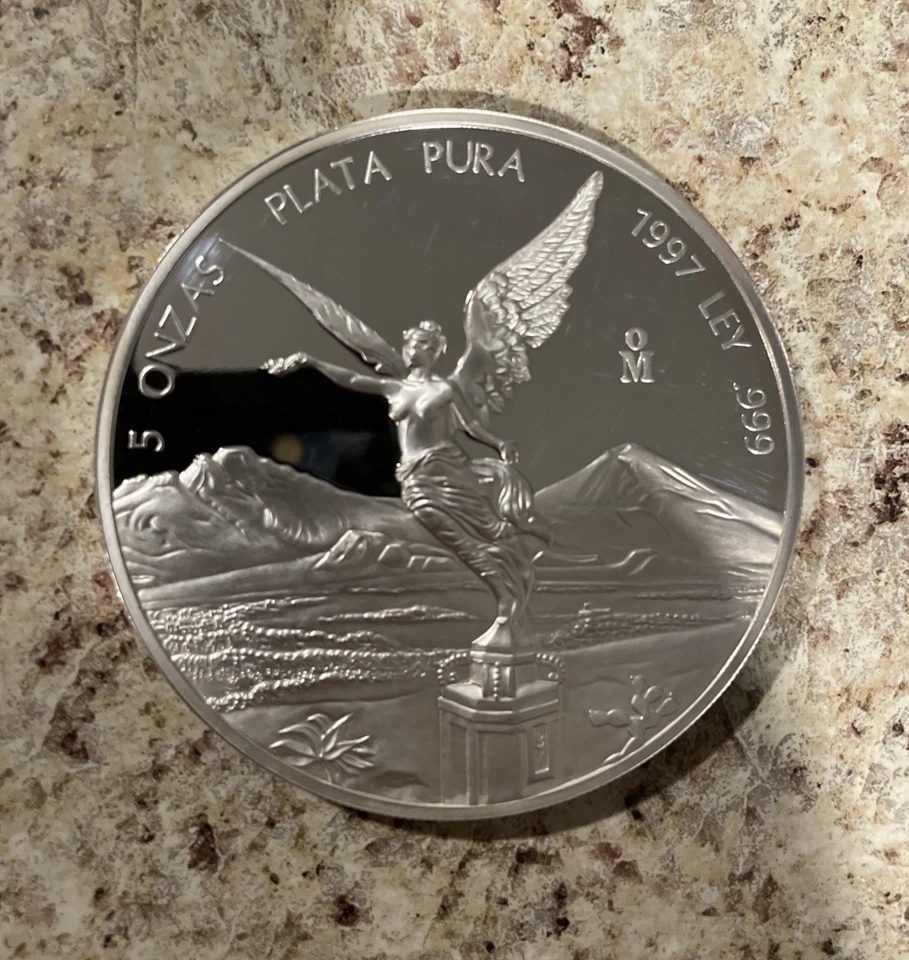 México 1997 5 oz .999 plata fina Libertad BU, acabado espejo tonificado limpio Foto 3 de 4